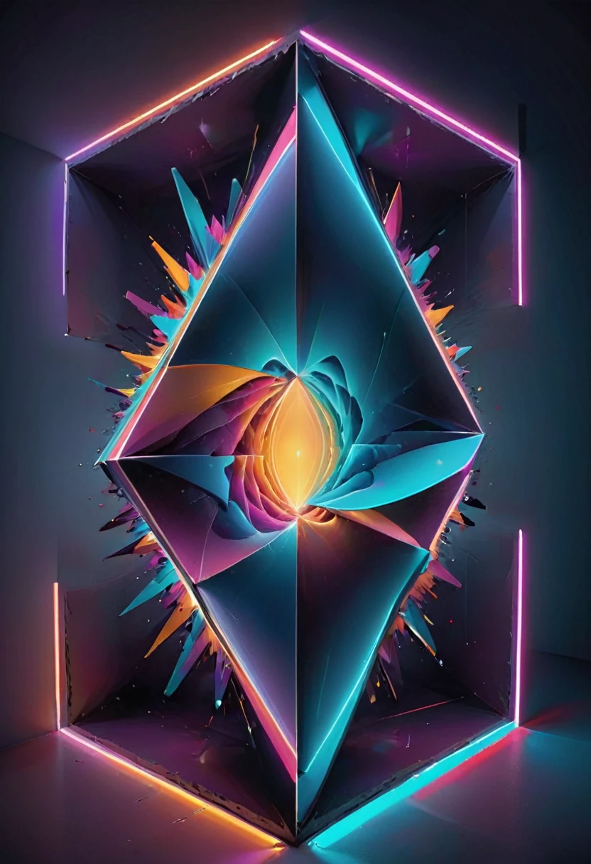 giant geometric shape,abstract,colorful,sharp edges,striking contrast,3D rendering,stark minimalism,highly saturated colors,illuminated from within,glowing lines,vibrant neon lights,ultra-modern aesthetics,surreal atmosphere,fluid motion,kinetic energy,larger than life,impressive scale,intricate patterns,symmetrical composition,dynamic angles,mesmerizing optical illusion,immersive spatial experience,hypnotic effect,textured surfaces,bold geometric forms,perfectly balanced proportions,monumental presence,visual impact,breathtaking symmetry,geometric precision,impossible . masterpiece, best quality, very aesthetic, absurdres, otclillsn