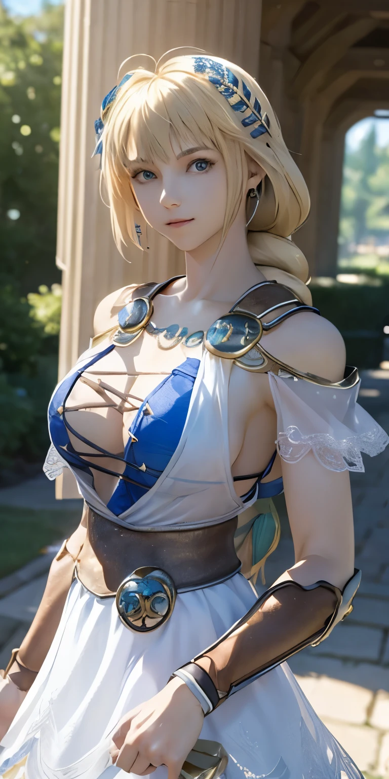 (masterpiece, best quality:1.3), Sophitia Alexandra, Soul Calibur, (upper body:1.5), perfect face, expressive eyes, 1woman, looking at viewer, 24 years old, gorgeous body, big breast, beautiful, anime, lora,1woman, gold hair, braid hair, olive crown, white dress, white skirt,