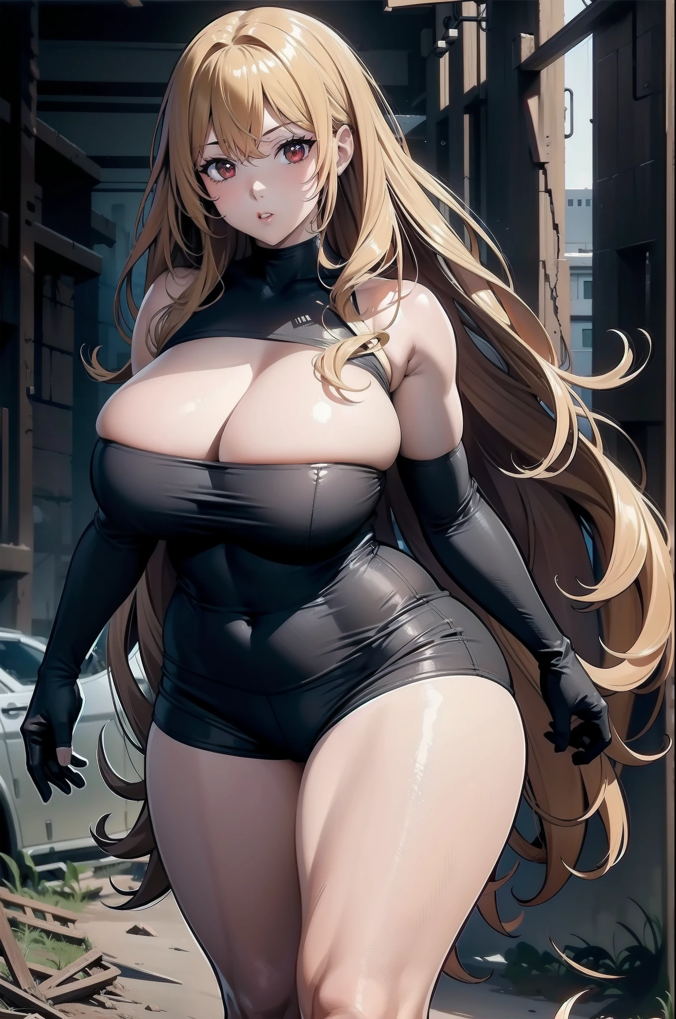 (masterpiece), best quality, expressive eyes, perfect face, thicc, fitness body, dark blonde very long curly hair, red eyes, very deep cleavage, strapless, yellow heart shaped tight top, tight brown shorts, post apocalyptic