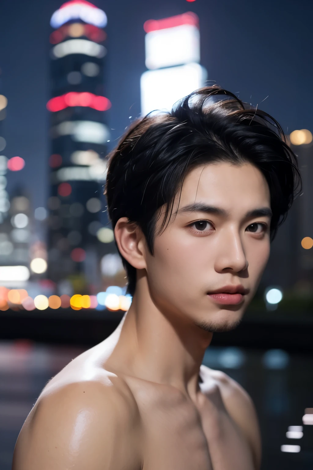 portrait of a 1 Asian boy wearing nothing, completely naked,  fully naked, correct looking penis, well-shaped penis, smooth penis and balls, front view, looking at camera, (smirk:0.65), (angry:0.3), cinematic shot on canon 5d ultra realistic, urban atmosphere, skyscrapers, night scene, sakura petals are flying over the background, short hair undercut, (extremely handsome:1.2), half body shot 
