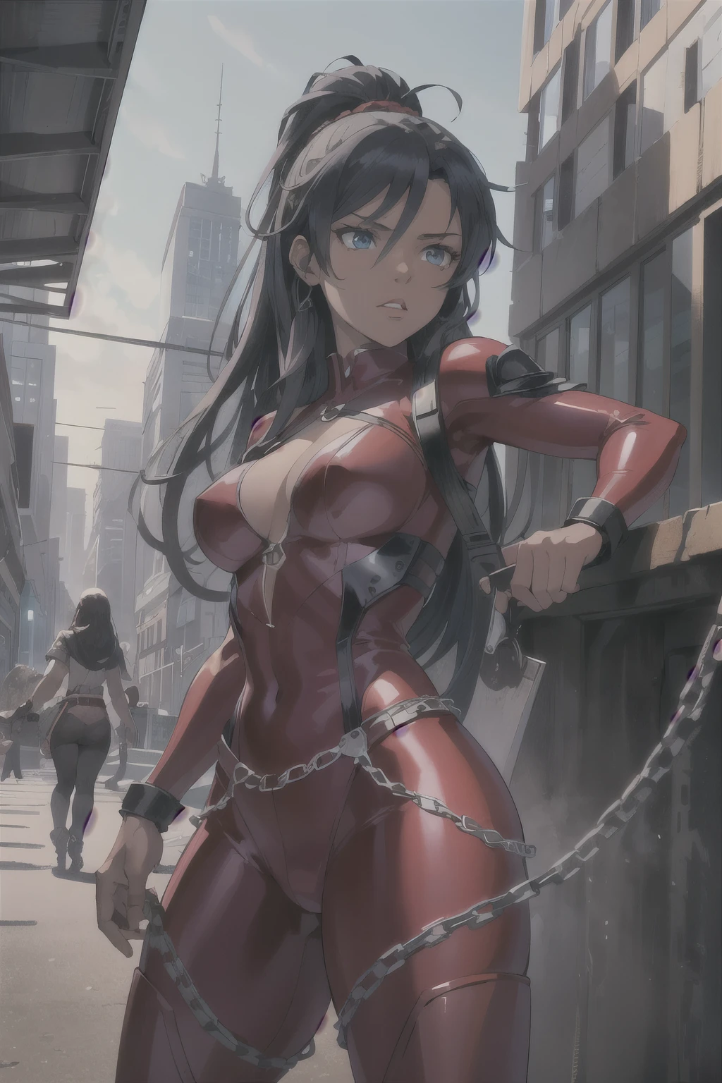 ((best quality)), ((masterpiece)), (detailed), intense fight scene, girl has dark skin, girl has  black hair, girl had dark blue eyes, girl is wearing a dark red outfit, girl is using thick chains as a weapon, city background, manga panel, comic panel, 