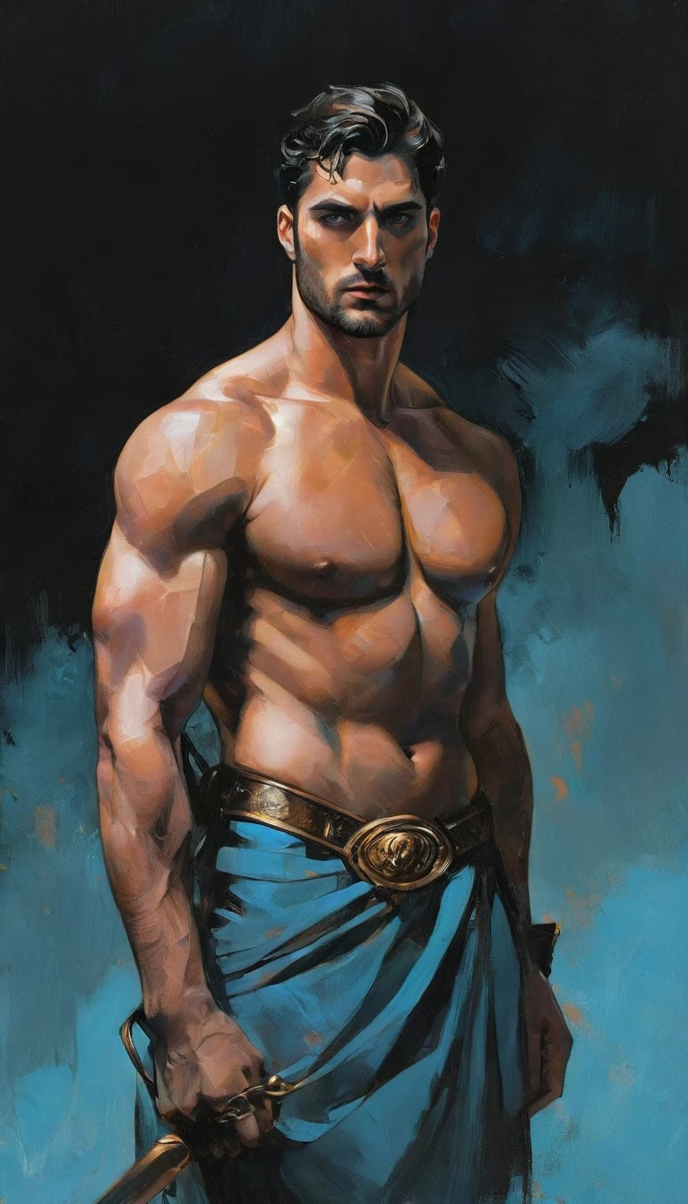 chiaroscuro technique on sensual illustration of an masculine, 26-year-old Italian male model, handsome Roman, he is the god of war, he is Ares, Mars, evil-looking, strong look, light blue eyes, strong jawline, dressed as a gladiator, ancient gladiator, male gladiator skirt, matte painting, by Harumi Hironaka, extremely soft colors, vibrant, pastel, highly detailed, digital artwork, high contrast, golden dramatic, refined, tonal, an intimate, seductive studio setting with a focus on sensuality and romance. Utilize soft, warm lighting that bathes the space in a gentle, inviting glow. Incorporate luxurious fabrics, plush furnishings, and a touch of decadence to evoke an opulent ambiance. The scene should exude an air of serenity and anticipation, inviting the viewer into a sensual and romantic space