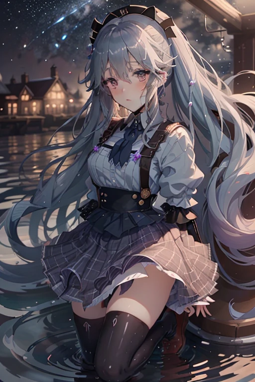 light blue double tails, wet hair, maid headdress, Purple eyes, Shy, shadowing, Need, 1girl, pleated plaid skirts, floating on water under a starry sky, Anime style, (Highly detailed), (high resolution), (Best quality), (masterpiece)