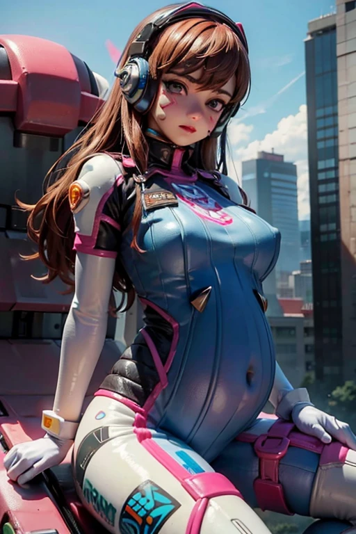 (Melhor qualidade,high resolution,obra de arte:1.2),ultra-detalhado,realista,retrato,garota de olhos rosa e cabelo castanho,Detailed face and facial expression,Sozinho,eu piloto D.VA,wearing blue tights and white gloves,Listen to music with headphones,face decoration, pregnant.