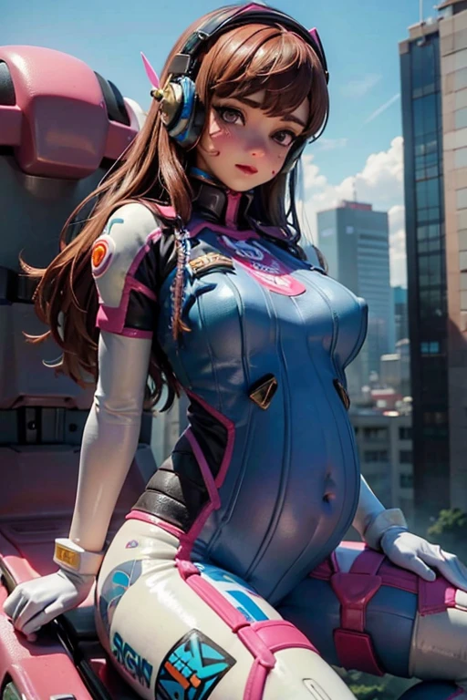 (Melhor qualidade,high resolution,obra de arte:1.2),ultra-detalhado,realista,retrato,garota de olhos rosa e cabelo castanho,Detailed face and facial expression,Sozinho,eu piloto D.VA,wearing blue tights and white gloves,Listen to music with headphones,face decoration, pregnant.