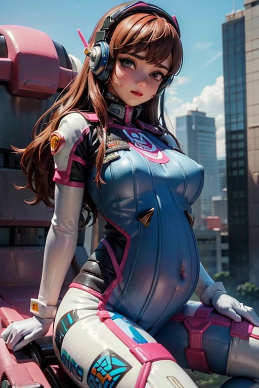 (Melhor qualidade,high resolution,obra de arte:1.2),ultra-detalhado,realista,retrato,garota de olhos rosa e cabelo castanho,Detailed face and facial expression,Sozinho,eu piloto D.VA,wearing blue tights and white gloves,Listen to music with headphones,face decoration, pregnant.
