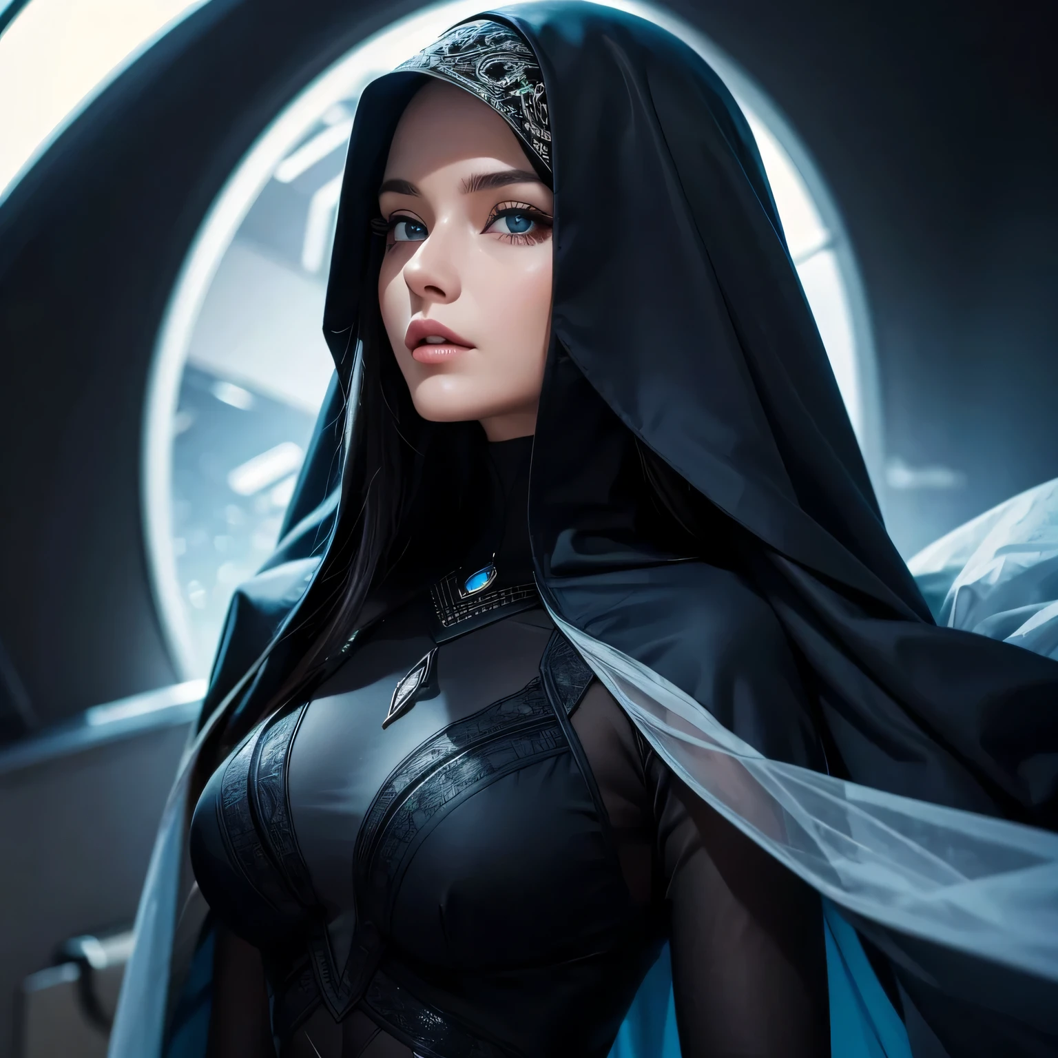 A close up of a woman in a black outfit with a cape - SeaArt AI
