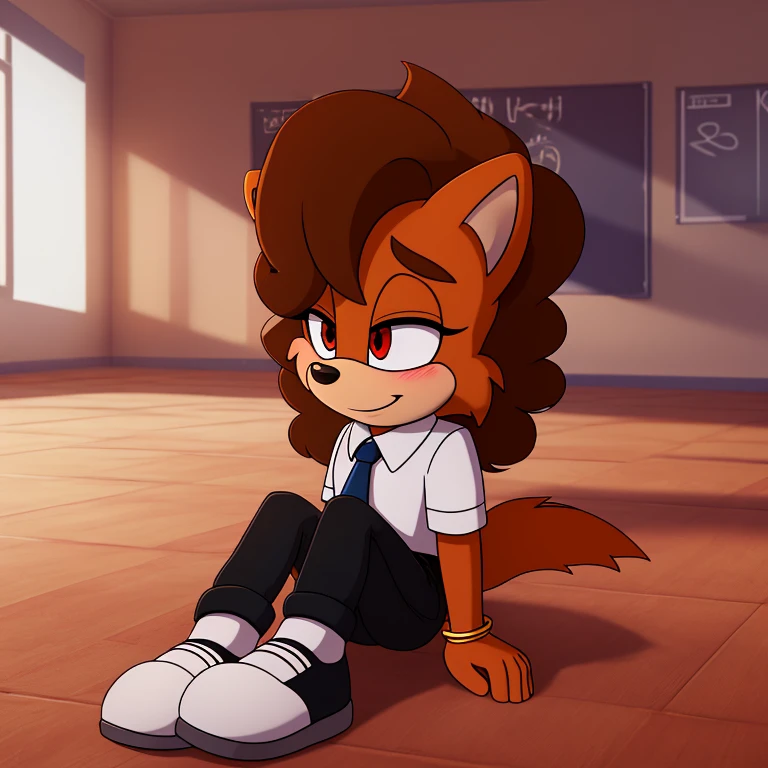 mobian, hedgehog, two-tone fur ((orange fur, brown fur)), school black pants, dark brown jersey with gold trimming, golden tie, black school shoes, two-tone hair ((brown hair, black tip)), curly hair, halo, jewelry, red eyes, longeyelashes, red eyes, smile, shy, blush, high detail, masterpiece, UHD, anatomically correct, super detail, highres, 4K