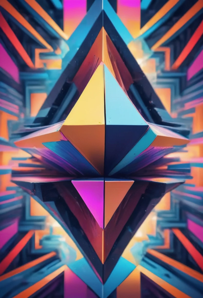 giant geometric shape,abstract,colorful,sharp edges,striking contrast,3D rendering,stark minimalism,highly saturated colors,illuminated from within,glowing lines,vibrant neon lights,ultra-modern aesthetics,surreal atmosphere,fluid motion,kinetic energy,larger than life,impressive scale,intricate patterns,symmetrical composition,dynamic angles,mesmerizing optical illusion,immersive spatial experience,hypnotic effect,textured surfaces,bold geometric forms,perfectly balanced proportions,monumental presence,visual impact,breathtaking symmetry,geometric precision,impossible . masterpiece, best quality, very aesthetic, absurdres, otclillsn