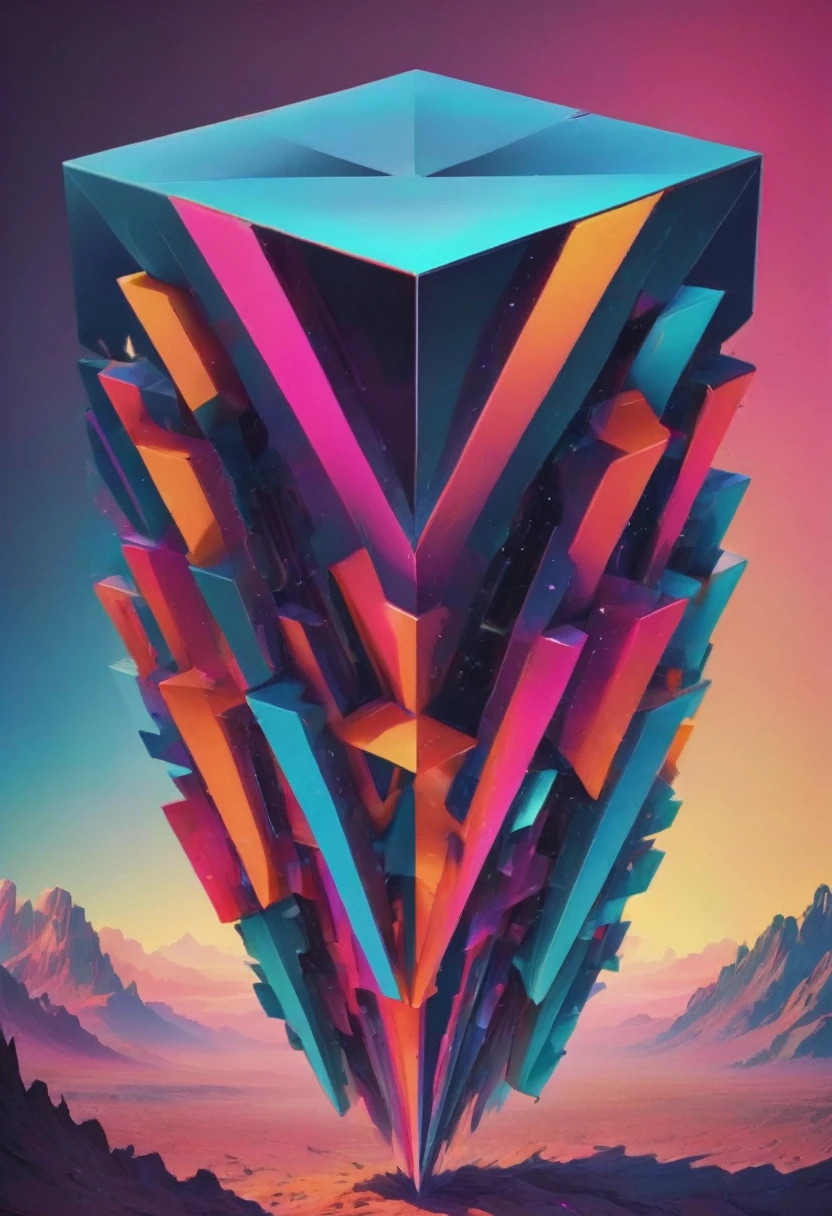 giant geometric shape,abstract,colorful,sharp edges,striking contrast,3D rendering,stark minimalism,highly saturated colors,illuminated from within,glowing lines,vibrant neon lights,ultra-modern aesthetics,surreal atmosphere,fluid motion,kinetic energy,larger than life,impressive scale,intricate patterns,symmetrical composition,dynamic angles,mesmerizing optical illusion,immersive spatial experience,hypnotic effect,textured surfaces,bold geometric forms,perfectly balanced proportions,monumental presence,visual impact,breathtaking symmetry,geometric precision,impossible . masterpiece, best quality, very aesthetic, absurdres, otclillsn
