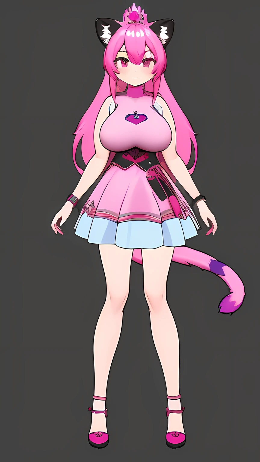 vtuber-fullbody, full body, modelo 2d vtuber, lorena, princes girl, pink hair, lion tail, ear tail, big breasts, ultra detallado, ojos hermosos, iluminacion cinematografica, illustration, 4k, high quality