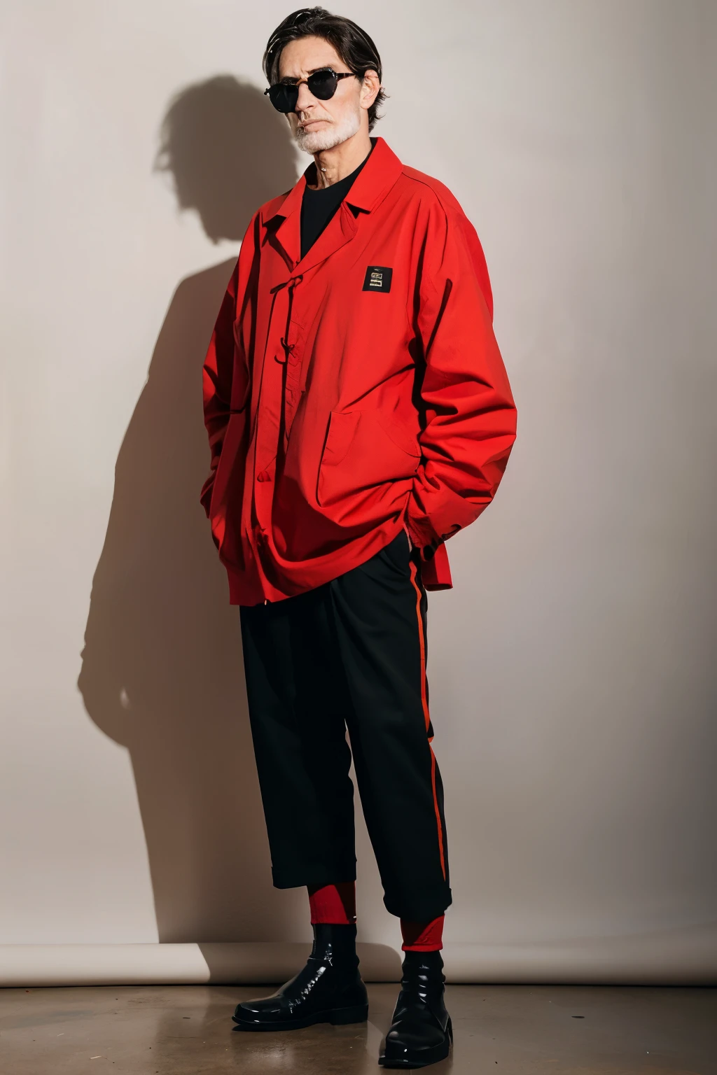 guardia hombre 
de rojo/naranjo con pantalones negros  , con lentes amarillos , Approximately 50 years , con zapatos  negros . realista en una oficina amplia

