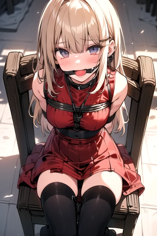 ((1 girl)), ((sitting on chair)), ((rope bondage)), ((arms behind back)), ((fully bound)), (restrained tightly), ((helpless)), (Red dress, tights socks), ((blushing))