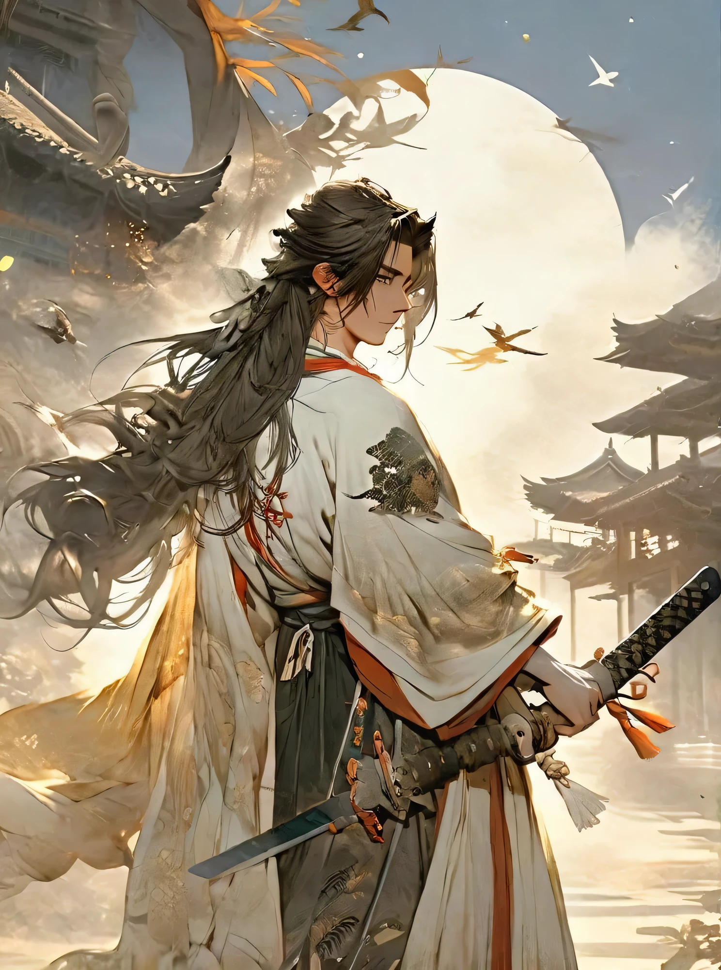 masterpiece, best quality, 1 male, aldult, young, tall, Antique theme,Immortal style bone，Ancient style service, Carry a sword, Sunlight, street, long hair fluttering, Sunlight, Background ancient style, breeze blows, The robe is wide, Fantasy landscape, Starlight around the character, (whole body)
