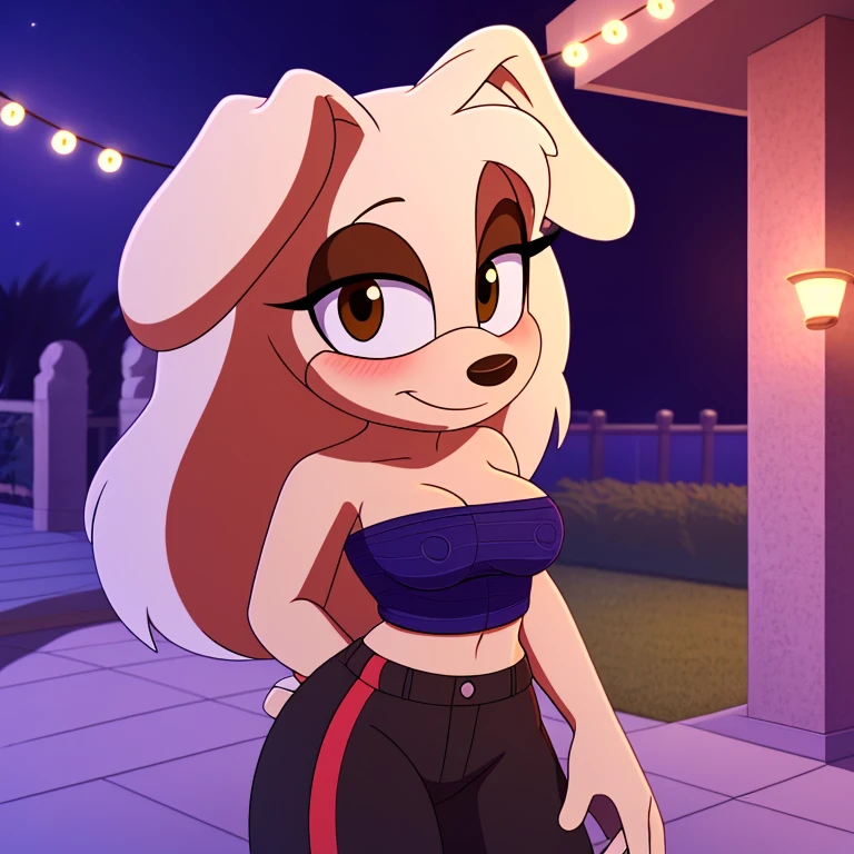 white borzoi dog, (Mobian), female, (2d art, cel shading), dog ears, tall tail, white hair, long hair, (white ears), (floppy ears), brown eyes, white fur, ((brown eyelids)), looking at viewer, blushing, shy, portrait, medium breasts, strapless crop top (knitted), baggy pants, high-top laceless sneakers, mansion garden, night, lights, beach, detailed background, masterpiece, 4k, high quality, studio quality, extreme detail, perfect detail, max detail,