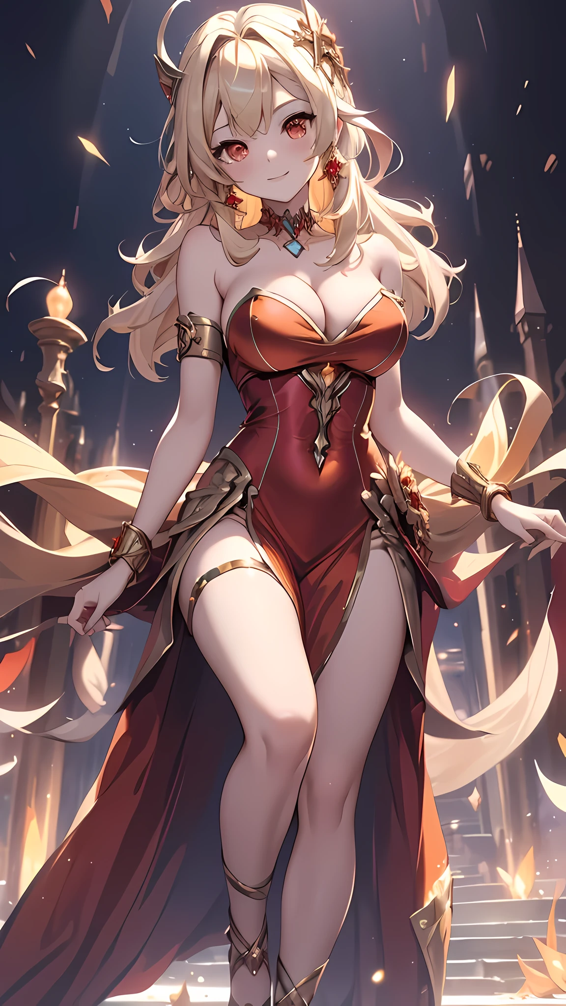 (masterpiece), best quality, expressive eyes, perfect face,1girl,kleedef,collarbone, bracelet, high heels,blonde hair,cleavage,(red and gold strapless idol long dress:1.3),(bare shoulders),big breasts,cityscape,nightlights,dynamic angle,smiles,standing,head tilt,sexy pose,portrait close-up,(orange eyes:1.1),bangles
