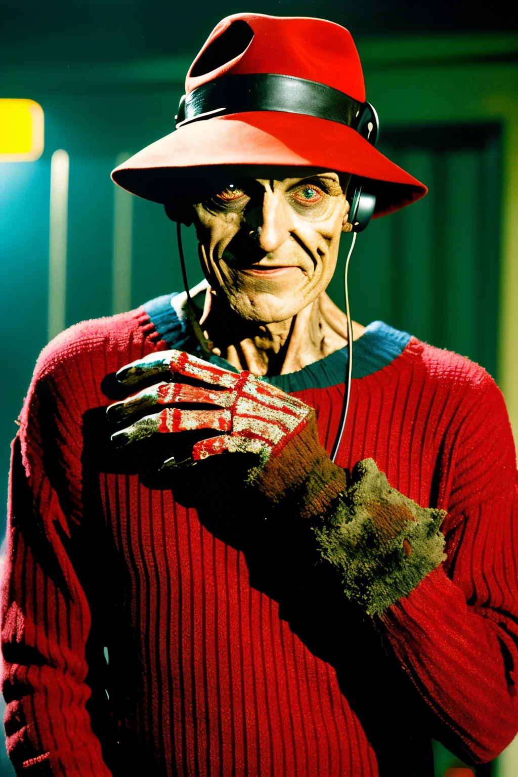 In the 1984 film A Nightmare on Elm Street, the iconic character Freddy Krueger emerges as a menacing figure with charred flesh revealing his skeletal frame. He is adorned in a blood-red sweater featuring sinister dark green horizontal stripes, complemented by a worn brown hat atop his disfigured head. Adding to his eerie ensemble, Freddy wears DJ headphones, creating a surreal juxtaposition between horror and music. His right hand is equipped with a terrifying glove, fitted with sharp metal blades at each fingertip, ready to instill fear into his victims. The scene takes place within a vibrant disco club, immersing viewers into the nostalgic ambiance of the 80s. The highly detailed digital graphics bring every aspect of this sinister atmosphere to life