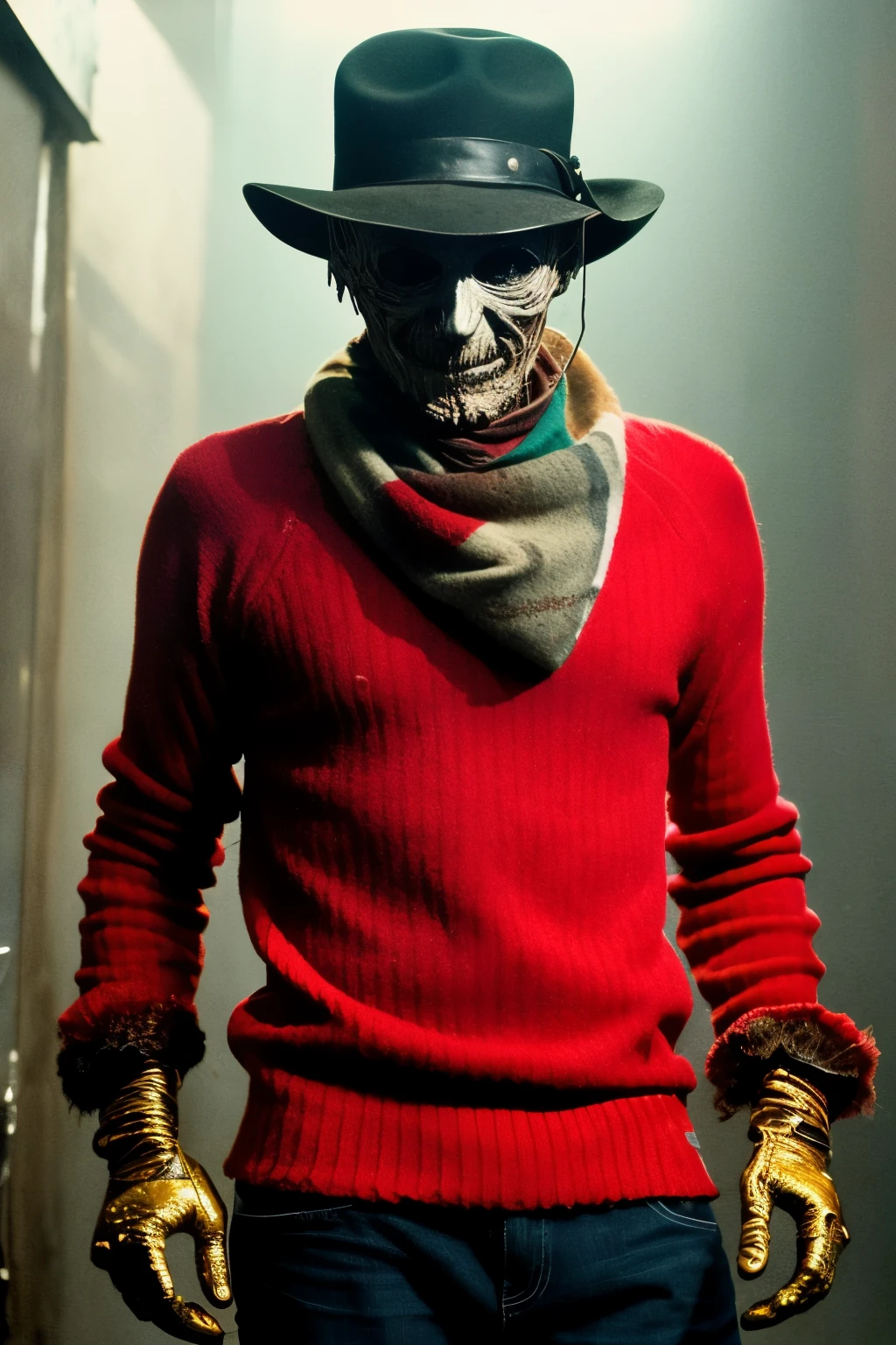 In the 1984 film A Nightmare on Elm Street, the iconic character Freddy Krueger emerges as a menacing figure with charred flesh revealing his skeletal frame. He is adorned in a blood-red sweater featuring sinister dark green horizontal stripes, complemented by a worn brown hat atop his disfigured head. Adding to his eerie ensemble, Freddy wears DJ headphones, creating a surreal juxtaposition between horror and music. His right hand is equipped with a terrifying glove, fitted with sharp metal blades at each fingertip, ready to instill fear into his victims. The scene takes place within a vibrant disco club, immersing viewers into the nostalgic ambiance of the 80s. The highly detailed digital graphics bring every aspect of this sinister atmosphere to life
