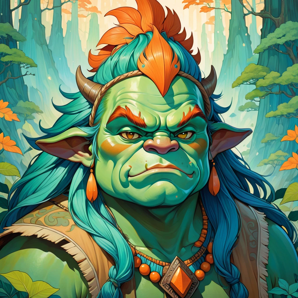 Dark eyes, ork, tusks, green skin, handsome, model looking, in water, by waterfall, tattoos, muscular, 2D, manga, hand drawn, comic realism