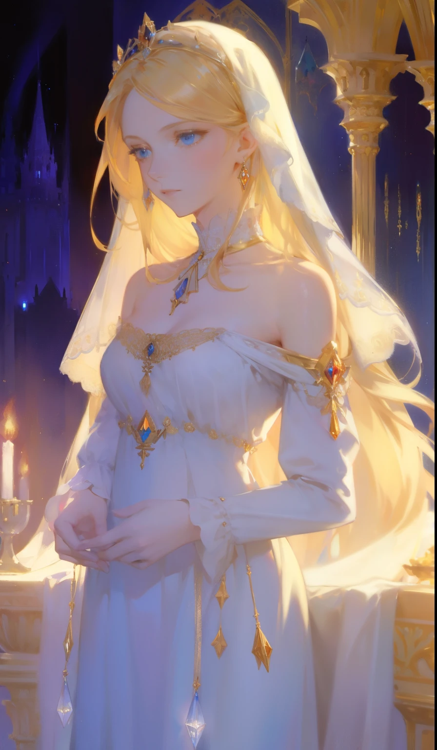 Fantasy, 19th century, empress, woman, delicate face, pale blonde hair, blue eyes, in a white royal dress with open shoulders, gold patterns on fabric, crystal jewelry, with a scarlet ribbon over the shoulder with the regalia of the monarch, Gothic castle made of white stone on the background, light, day, hd