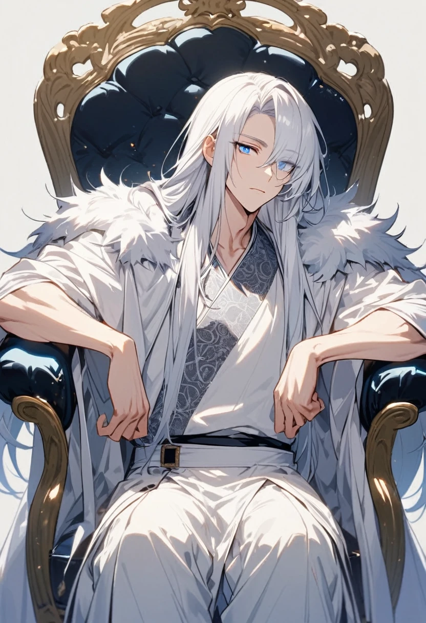 Handsome, Single, male, long hair, Hair covers the left eye, White hair, Blue eyes, White coat with fur, He wears white kimono pants, Sitting on a chair