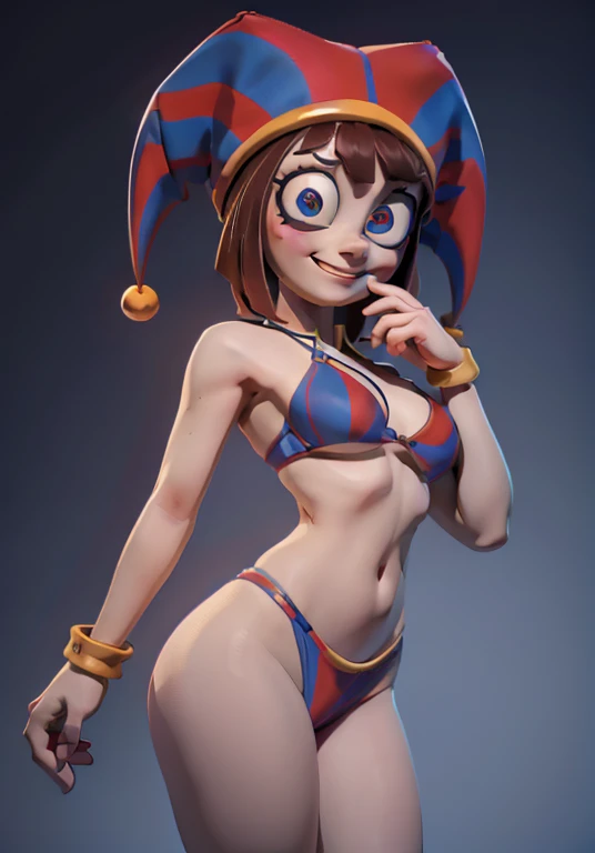(Remember lean forward, Hand in mouth, Cute:1.2), (jester&#39;s hat, in a bra, in a bikini, red eyes and blue eyes, striped ), long legs, Happy, smile, I look at the viewer, Cute, from below, crazy eyes, 
(colorful background:1),(dynamic pose:1.2),(dynamic angle:1), (cowboy shot:1.2),
(masterpiece:1.2), (Best quality, top quality), (ultra detailed), (8 k, 4K, difficult) ,(ambient light:1.3), realistic, render, Unity,
 3 dmm,