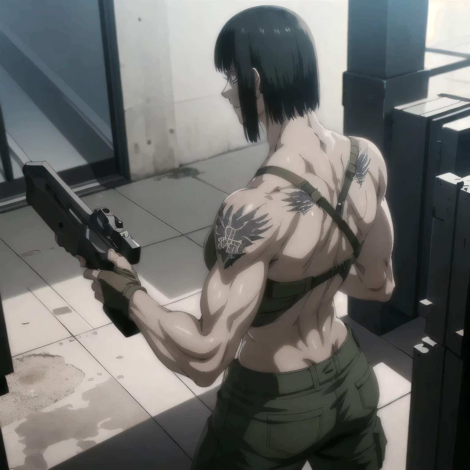 (best quality,ultra-detailed,realistic:1.37),musclaur military badass girl with sculpted body have a tattoos Naked from above wearing combat trousers , full review of the female character's face and body, intense expression, strong and confident posture, studio lighting, vivid colors, physiologically-based rendering, grungy texture, rugged background, dust particles in the air, commanding presence, professional, powerful, gritty aesthetics,,Valmet،short hair,back muscles،Angle from behind،looking from behind