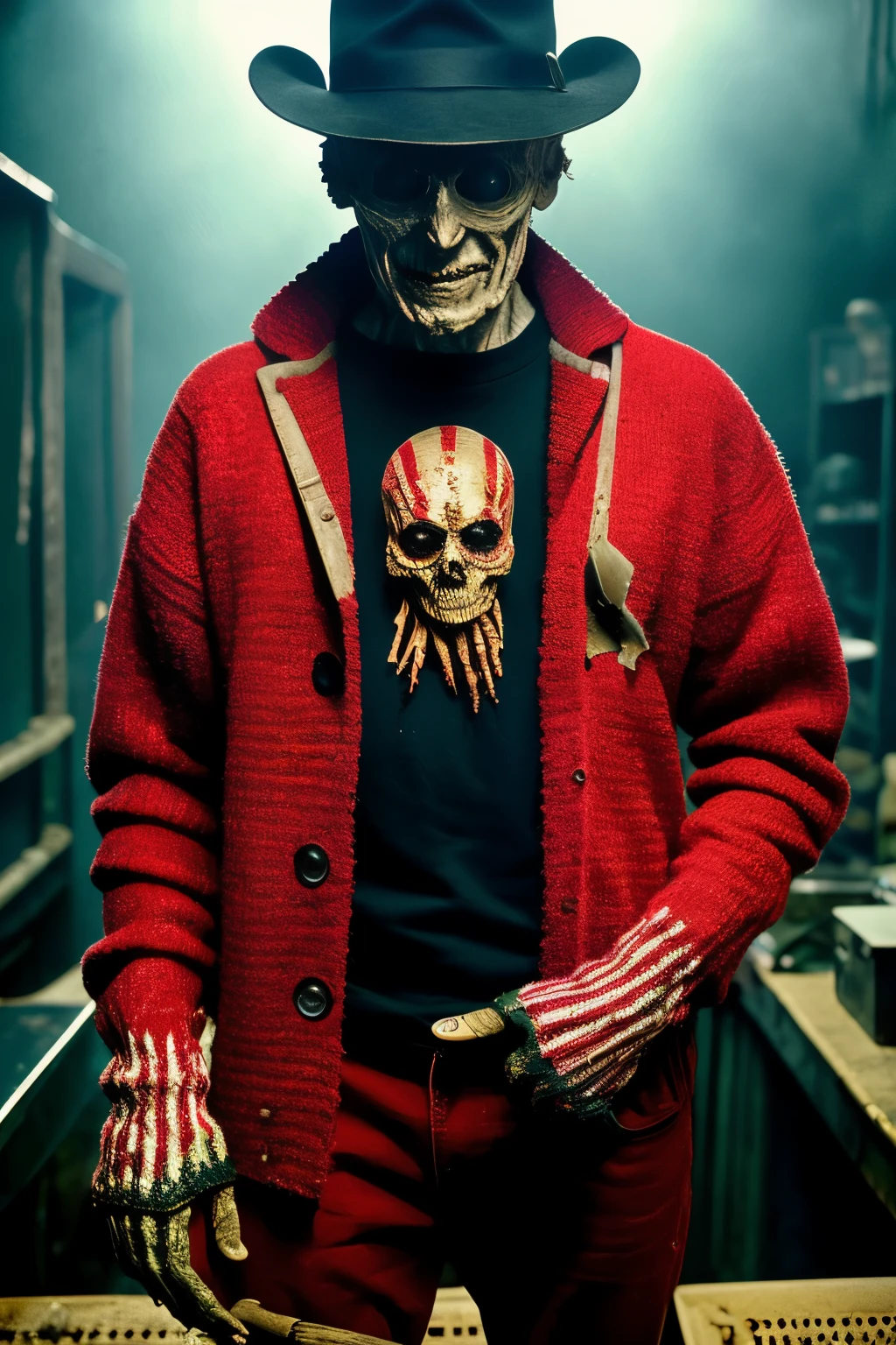 In the 1984 film A Nightmare on Elm Street, the iconic character Freddy Krueger emerges as a menacing figure with charred flesh revealing his skeletal frame. He is adorned in a blood-red sweater featuring sinister dark green horizontal stripes, complemented by a worn brown hat atop his disfigured head. Adding to his eerie ensemble, Freddy wears DJ headphones, creating a surreal juxtaposition between horror and music. His right hand is equipped with a terrifying glove, fitted with sharp metal blades at each fingertip, ready to instill fear into his victims. The scene takes place within a vibrant disco club, immersing viewers into the nostalgic ambiance of the 80s. The highly detailed digital graphics bring every aspect of this sinister atmosphere to life