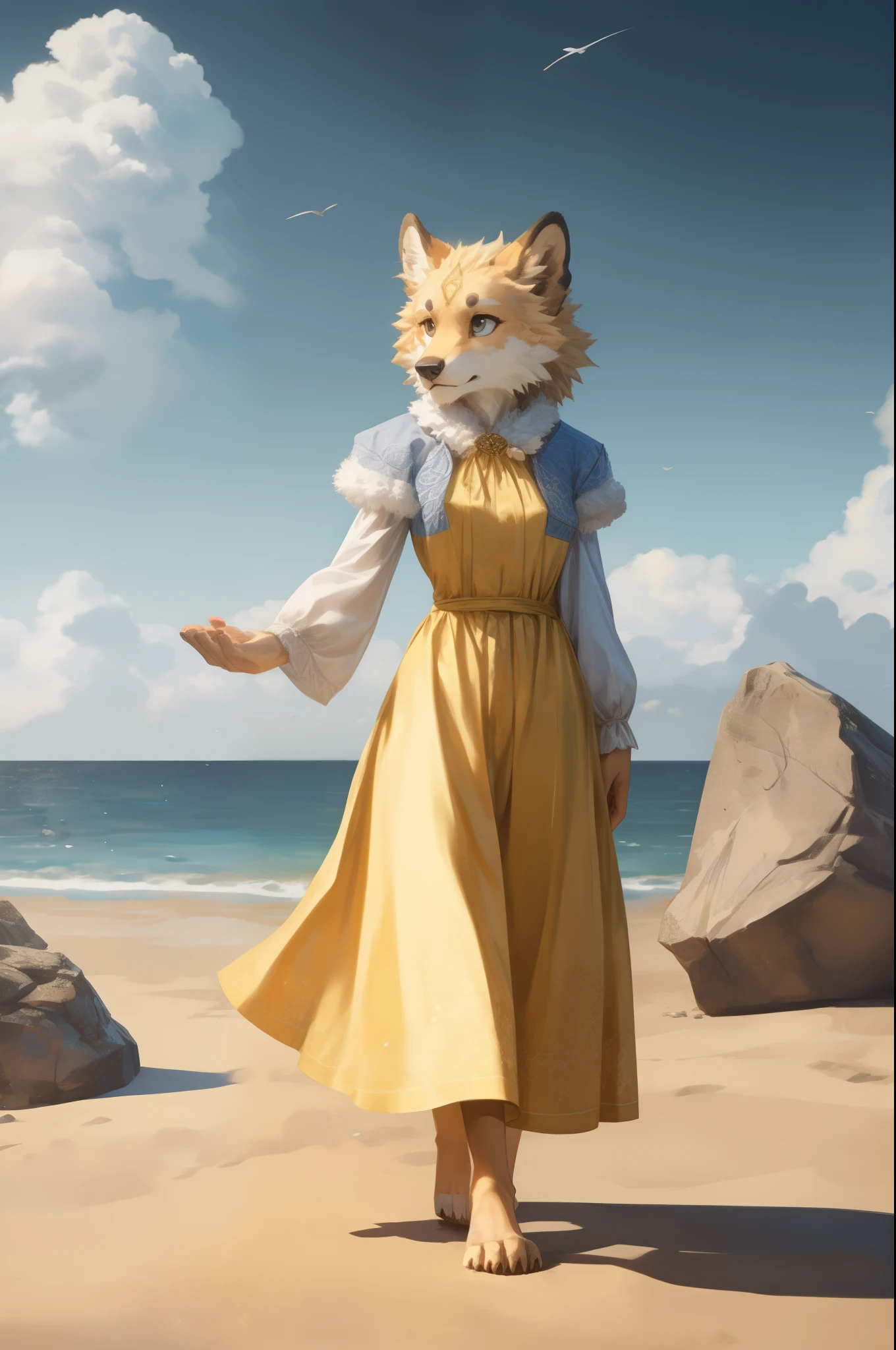 (((Barefoot furry character, full body, cinematic.))) ((yellow monochrome))
Aber dreht sich der Wind, schon verfliegt sie geschwind
Denn sie ist frei wie die Wolken
Unsere Zeit verrinnt und sie dreht sich geschwind
Denn sie ist frei wie der Wind
Ja, dann dreht sich der Wind, schon verfliegt sie geschwind
Denn sie ist frei wie die Wolken
Unsere Zeit verrinnt und sie dreht sich geschwind
Denn sie ist frei wie der Wind
Und sie dreht sich geschwind
Und wenn sie tanzt, dann brennt
Das Sternenfirmament
Wie nur ein rasend Herz es kennt
Wie nur mein rasend Herz es kennt
BREAK, detailed background, 8K, (masterpiece:1.5), intricate details, highly detailed, extreme detail, octane render, Professional Photography, fine art, best quality, highres, (detailed face:1.5), ((full_body)), UHD, (((perfect hands)))