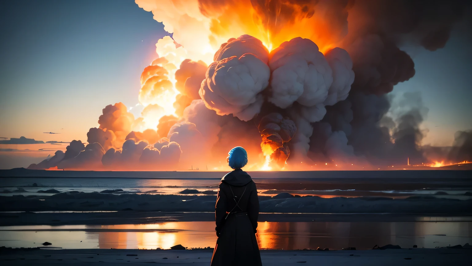image of the end of the world fire, explosion and a silhouette in the distance of a Russian woman with light blue hair, ultra realistic.