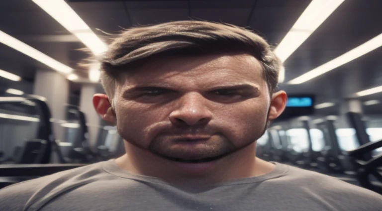 arafed man with a beard and a gray shirt in a gym, soft portrait shot 8 k, strong facial features, 4k symmetrical portrait, 4 k symmetrical portrait, fierce expression 4k, highly detailed vfx portrait, clear symmetrical face, clean symmetrical face, 4 k asymmetrical portrait, centered face shot, focused face, good looking face