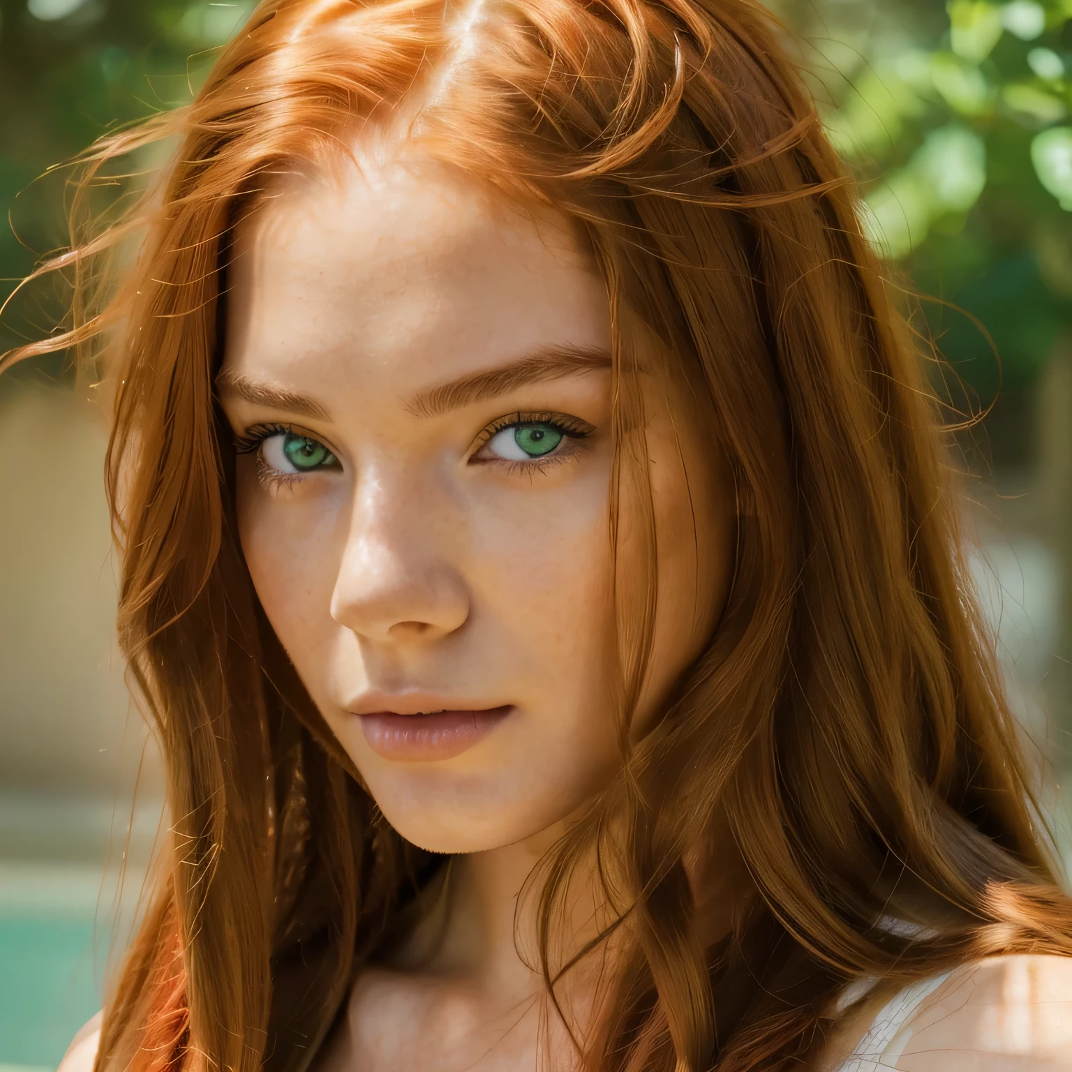Portrait of a young beautiful girl, 22 years old, beautiful face, detailed face, detailed skin texture, seductive look, green eyes, seductive lips, (((long red hair))), photorealistic, hyper realistic, 8k resolution, natural lighting, high definition,