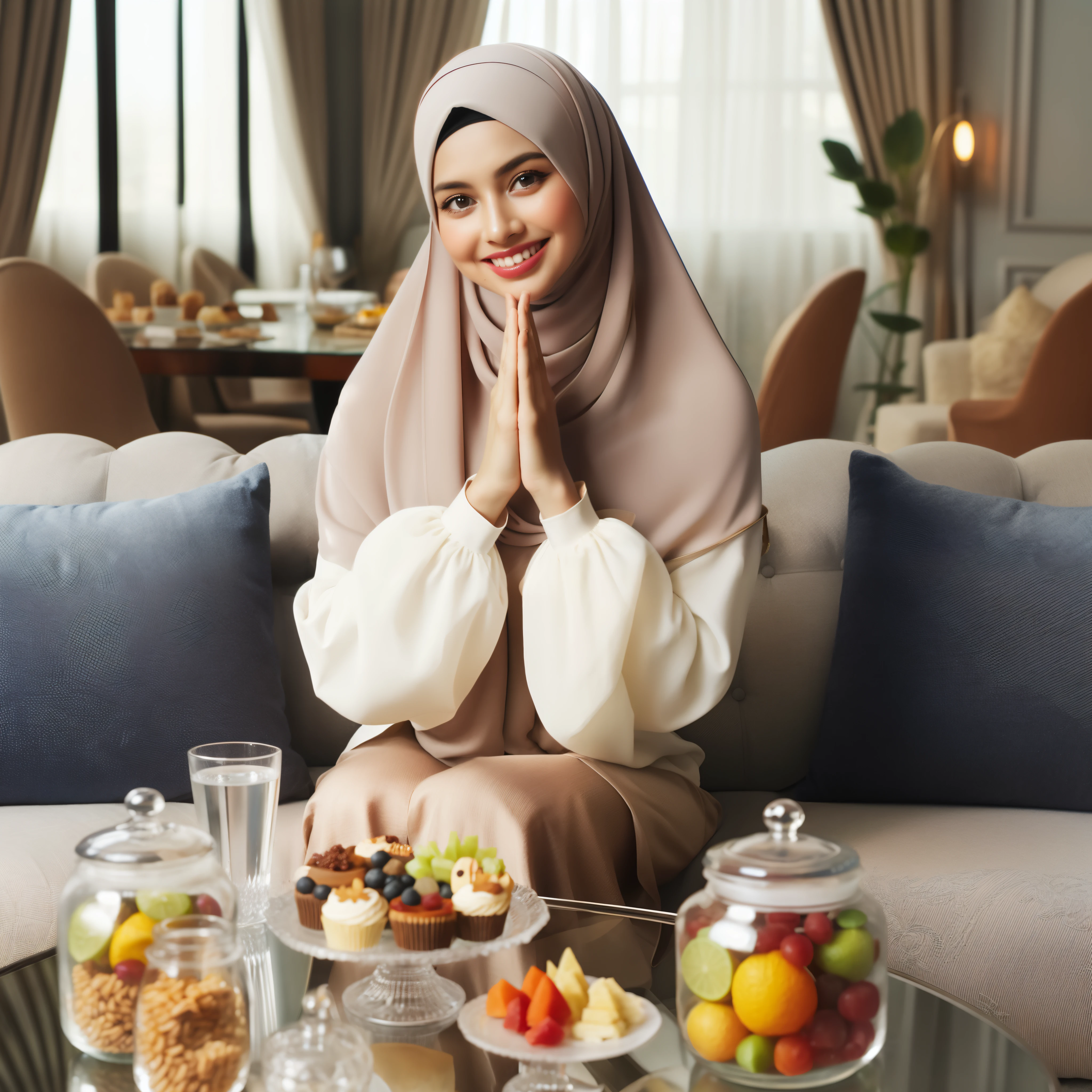 muslim woman sitting on a couch with a tray of food and a glass of water, inspired by Nazmi Ziya Güran, hijab, malaysian, muslim, by Basuki Abdullah, inspired by Basuki Abdullah, inspired by Shaddy Safadi, al fresco, yummy, inspired by Fathi Hassan, inspired by Maryam Hashemi, radiant morning light, eating
