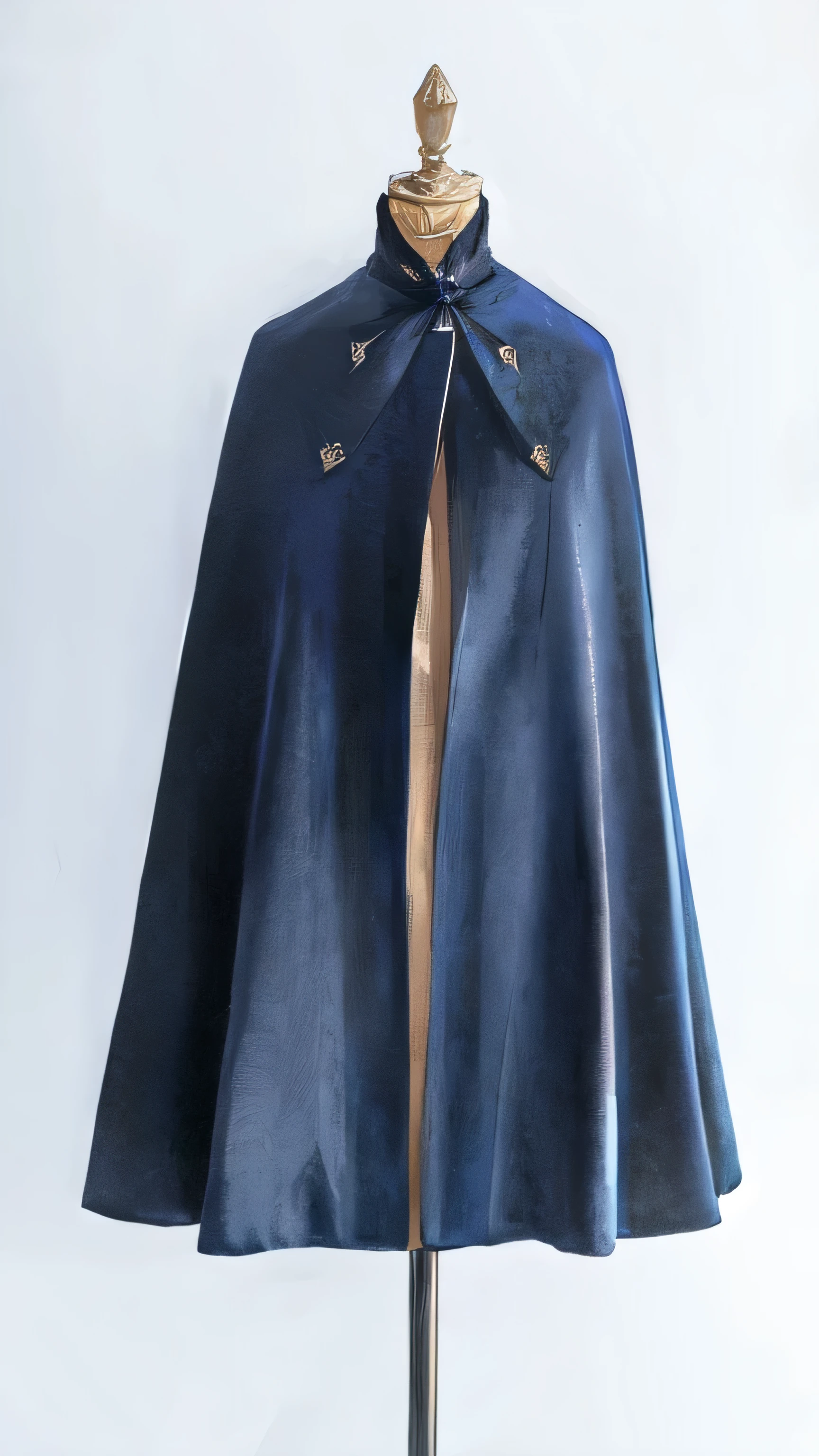 a close up of a blue cape on a mannequin dummy, dark blue cape, royal cape, high detailed photography cape, blue cape, a black cloak, wearing a luxurious cloak, worn traveling cloak, elegant cape, large cape, long cape, heavy cloak, black cape, blue cloak, long blue cape, black cloak, aristocrat cloak, cloak
