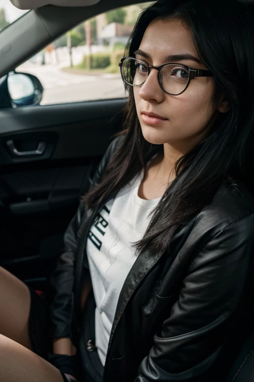 european young adult, female tall, slim, long black haired, black eyes, wears glasses, looks very tired and frustrated. she's driving her car while filming herself for an instagram reel