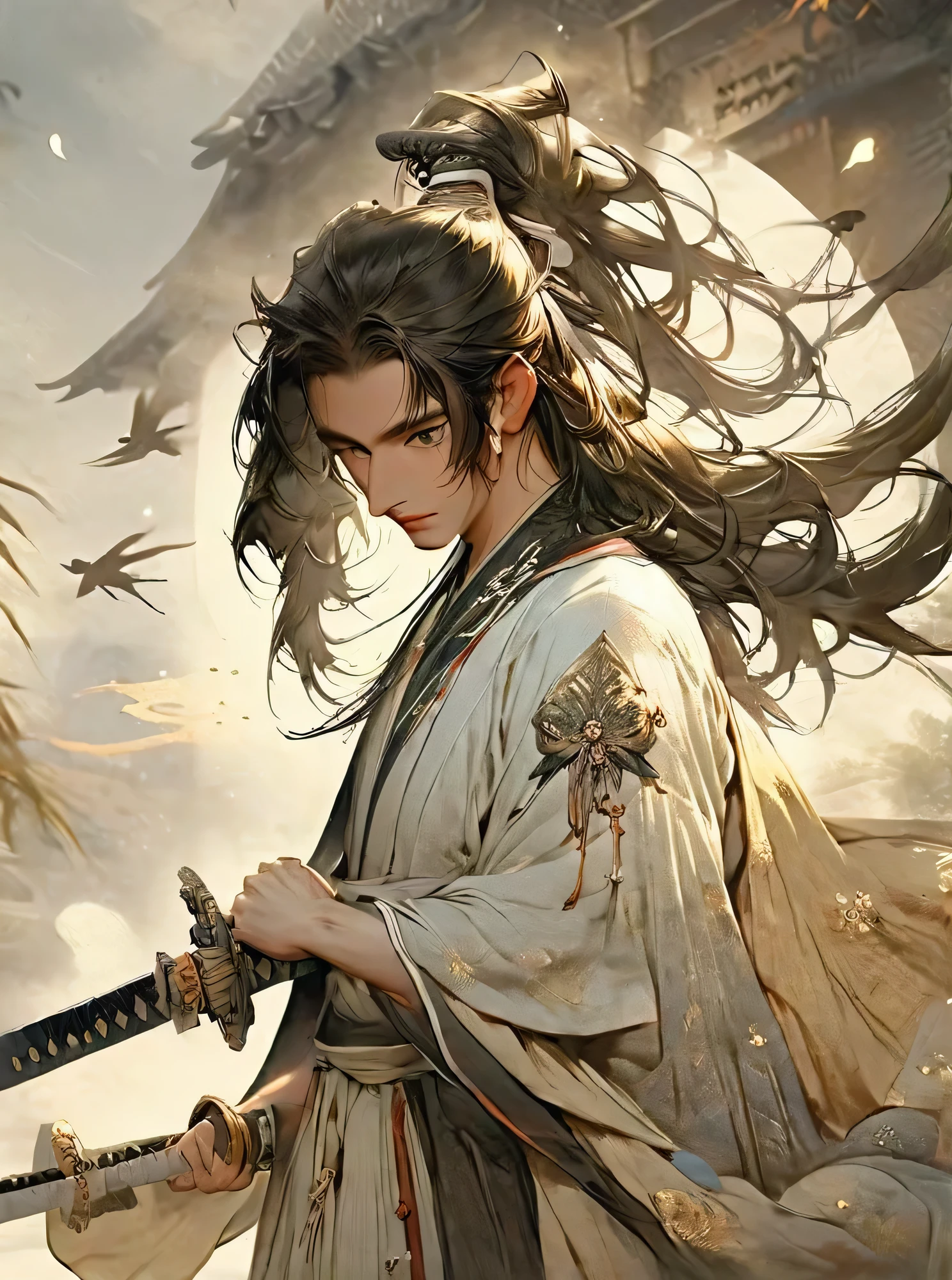 masterpiece, best quality, 1 male, aldult, Very nice face，young, tall, Antique theme,Immortal style bone，Ancient style service, Carry a sword, Sunlight, street, long hair fluttering, Sunlight, Background ancient style, breeze blows, The robe is wide, Fantasy landscape, Starlight around the character, (whole body)
