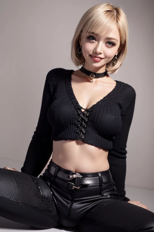 Masterpiece, 8K, award-winning photos, photorealistic, realistic, ultra detailed, ultra high definition, ray tracung,
__
the most beautiful, 22 years old ,(sexy,Japanese idol, gray hair, short hair),shiny skin , detailed skin , detailed face , detailed eyes ,
__
cleavage showing, light color large nipples, (show off nipple:1.5),
__
BREAK (droopy eyes, Natural makeup, embarrassed ,smile, glistening teeth1.2),
__
glowing blue eyes, tan skin,
__
BREAK (black theme:1.4), (black sweater:1.4), (long-sleeve:1.3), ((off shoulder, navel, stomach):1.3), BREAK (black theme:1.3), ((black oversized pants, black baggy pants):1.3), (black choker:1.2), (earrings:1.2), (lace-up boots:1.1),
__
highly detailed background, , ultra-realistic textures,raw photo, 1girl,