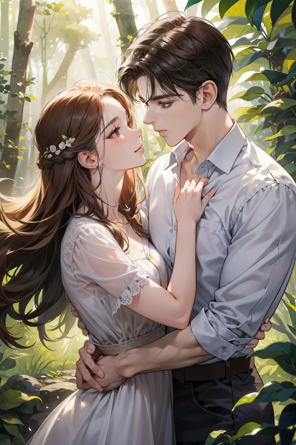 (ultra-detailed, harmonious couple interaction, perfection in every detail, natural forest background, 8k best quality, raw capture), the man and woman, deeply in love, embracing each other gently, both withdefine features, intricately detail faces, expressive eyes reflecting deep connection, chests slightly pressed together, hearts beating as one, waist-length brown hair for him, long flowing curls for her, surrounded by the lush greens of the forest, sunbeams peeking through the trees, leaves gently rustling in the wind, creating a serene and idyllic scene, BREAK, intimate moment, captured in the highest resolution, hyper-realistic, masterpiece in the