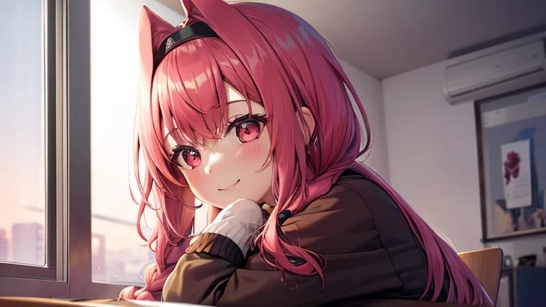 uma mulher com um casaco frio, Braids, cabelo rosa com franja grisalha, com um head-set, olhos rosa, sorridente, seios grandes, coxas tonificadas, studying in a room at night with a window in the background, apenas uma mulher, Sozinho,HDR, Ultra resolution, muito detalhado, obra de arte, Ultra qualidade, 4k hd headset head-set head-set