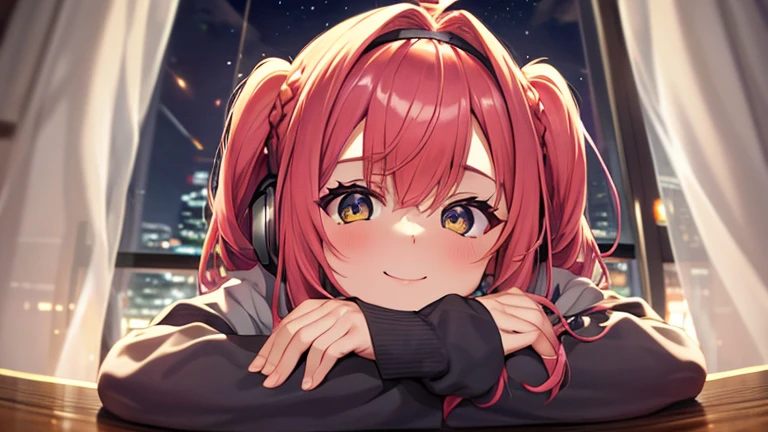 uma mulher com um casaco frio, Braids, cabelo rosa com franja grisalha, com um head-set, olhos rosa, sorridente, seios grandes, coxas tonificadas, studying in a room at night with a window in the background, apenas uma mulher, Sozinho,HDR, Ultra resolution, muito detalhado, obra de arte, Ultra qualidade, 4k hd headset head-set head-set