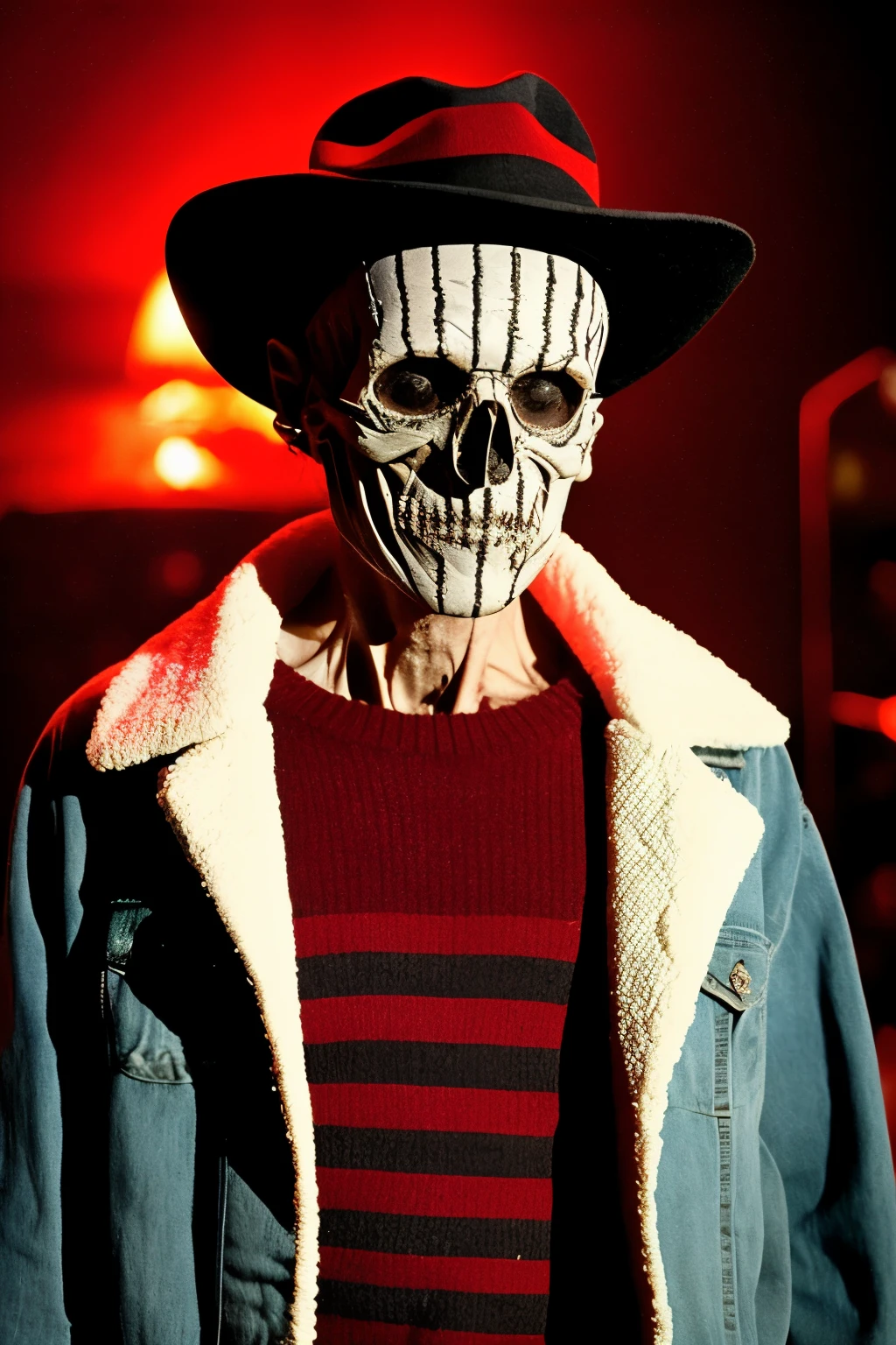 In the iconic scene from the 1984 horror film "A Nightmare on Elm Street," Freddy Krueger, the terrifying antagonist, is depicted as a man with a burned and skeletal body. He wears a red sweater with distinct dark green horizontal stripes and a faded brown hat, accessorized with DJ headphones around his neck. A chilling addition to his appearance is the glove on his right hand, adorned with sharp metal blades instead of fingers.
The setting for this frightening encounter is a foam that takes place in a retro disco club reminiscent of the 1980s. The atmosphere is filled with the pulsing