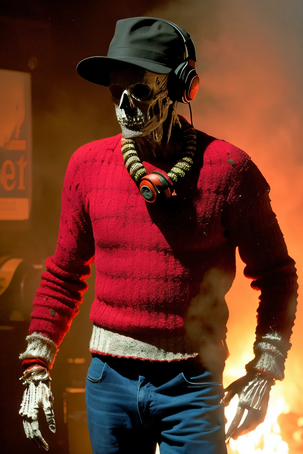 In the iconic scene from the 1984 horror film "A Nightmare on Elm Street," Freddy Krueger, the terrifying antagonist, is depicted as a man with a burned and skeletal body. He wears a red sweater with distinct dark green horizontal stripes and a faded brown hat, accessorized with DJ headphones around his neck. A chilling addition to his appearance is the glove on his right hand, adorned with sharp metal blades instead of fingers.
The setting for this frightening encounter is a foam that takes place in a retro disco club reminiscent of the 1980s. The atmosphere is filled with the pulsing