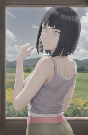 obra de arte, absurdos , (detalhes intrincados), (colorida),cinematic lighting,papel de parede extremamente detalhado da unidade CG 8k ,Hinata\(boruto\), 1 garota, Sozinho, Moletom roxo ,Brown pants, from behind,mangas em camadas, tiro de vaqueiro, looking back, olhando para o espectador,Sorriso, ao ar livre, lavender flor field,flor, dia, cloudy sky, Vento, cabelo flutuante, falling petals