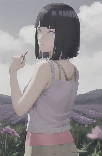 obra de arte, absurdos , (detalhes intrincados), (colorida),cinematic lighting,papel de parede extremamente detalhado da unidade CG 8k ,Hinata\(boruto\), 1 garota, Sozinho, Moletom roxo ,Brown pants,  from behind,mangas em camadas, tiro de vaqueiro,  looking back, olhando para o espectador,Sorriso, ao ar livre, lavender flor field,flor, dia, cloudy sky, Vento, cabelo flutuante, falling petals