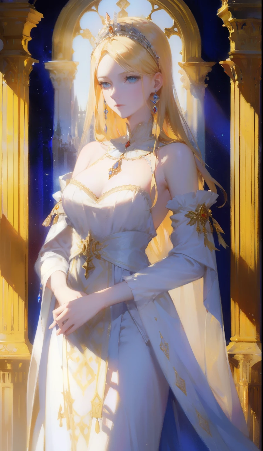 Fantasy, 19th century, empress, woman, delicate face, pale blonde hair, blue eyes, in a white royal dress with open shoulders, gold patterns on fabric, crystal jewelry, with a scarlet ribbon over the shoulder with the regalia of the monarch, Gothic castle made of white stone on the background, light, day, hd