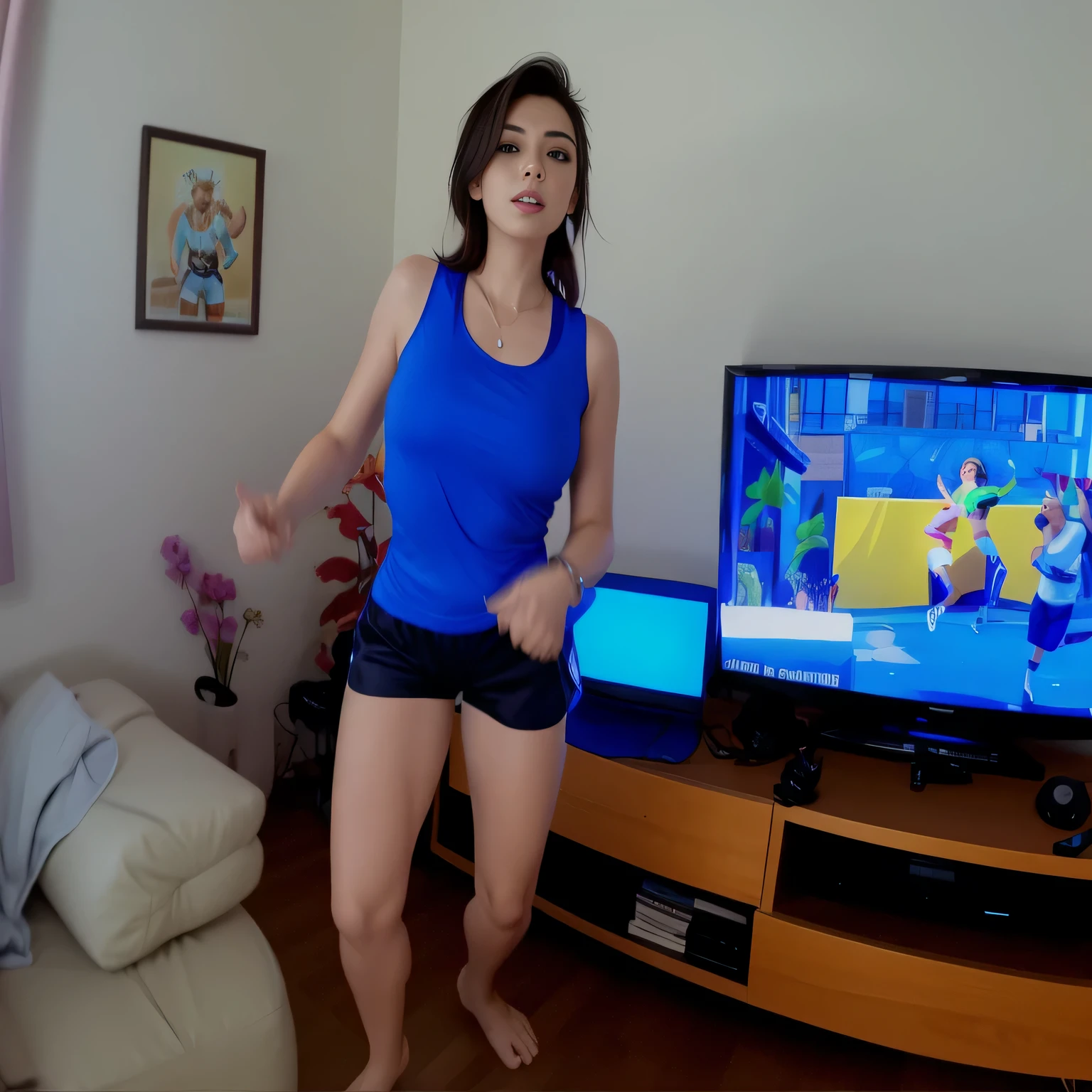 There's a woman standing in front of a television playing video games, dancing in the background, sweaty 4k, thin Brazilian girl dancing, she's dancing, video game, 4k', she's dancing. realistic, jumping towards the viewer, video game, filmed on gopro9, wearing short tight sports shorts, dark blue short shorts, wearing short tight blue shorts, belly showing, navel showing, short shorts, t-shirt and sports shorts, wearing t-shirt short and tight shorts, short shorts, shapely thighs. Full body photo in high resolution and high quality, 8k.