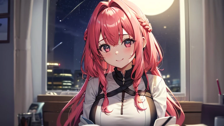 uma mulher com phone haed-set e um casaco frio, Braids, cabelo rosa com franja grisalha, com um head-set, olhos rosa, sorridente, seios grandes, coxas tonificadas, studying in a room at night with a window in the background, apenas uma mulher, Sozinho,HDR, Ultra resolution, muito detalhado, obra de arte, Ultra qualidade, 4k hd headset head-set head-set