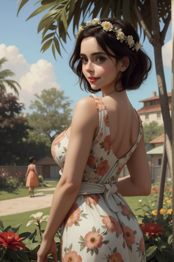 Adorable, mature Woman,detailed big-eyed woman, round face. promenent red lips. Smileing,In the garden, large ass, wearing a cute floral sun dress. flower crown, Flower belt draped around waist. Picture from the side,looking at the scenes, intense colors, Very valuable details, complex details, volumetric lighting, digital art, 8k, trending on Artstation, Clear focus, complex details, highly detail, Greg Rutkowski Big Eyes, high-resolution, Black hair. Alison Brie. attractive chest, .Photorealistic. Confidence, self esteem.
