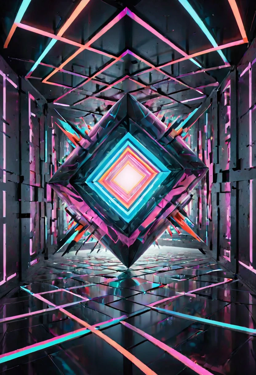 giant geometric shape,abstract,colorful,sharp edges,striking contrast,3D rendering,stark minimalism,highly saturated colors,illuminated from within,glowing lines,vibrant neon lights,ultra-modern aesthetics,surreal atmosphere,fluid motion,kinetic energy,larger than life,impressive scale,intricate patterns,symmetrical composition,dynamic angles,mesmerizing optical illusion,immersive spatial experience,hypnotic effect,textured surfaces,bold geometric forms,perfectly balanced proportions,monumental presence,visual impact,breathtaking symmetry,geometric precision,impossible . masterpiece, best quality, very aesthetic, absurdres, otclillsn