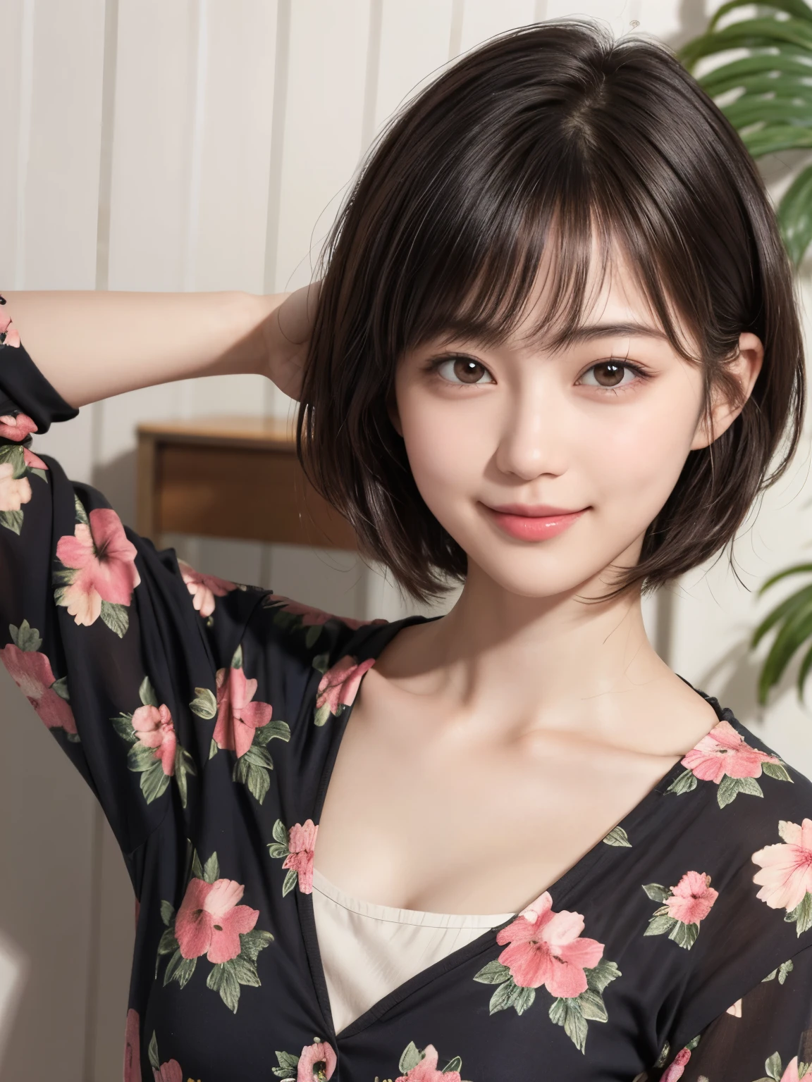 206 Short Hair, 20 year old female, Floral, gentle smile, (chest:1.2)